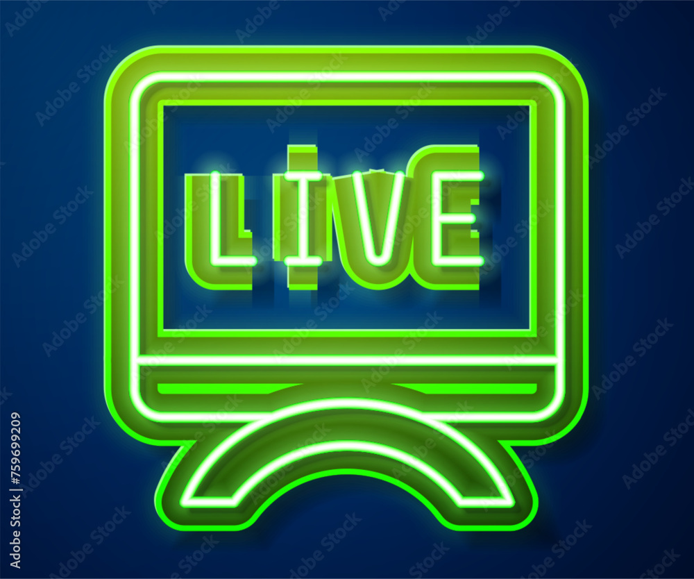 Wall mural glowing neon line live report icon isolated on blue background. live news, hot news. vector