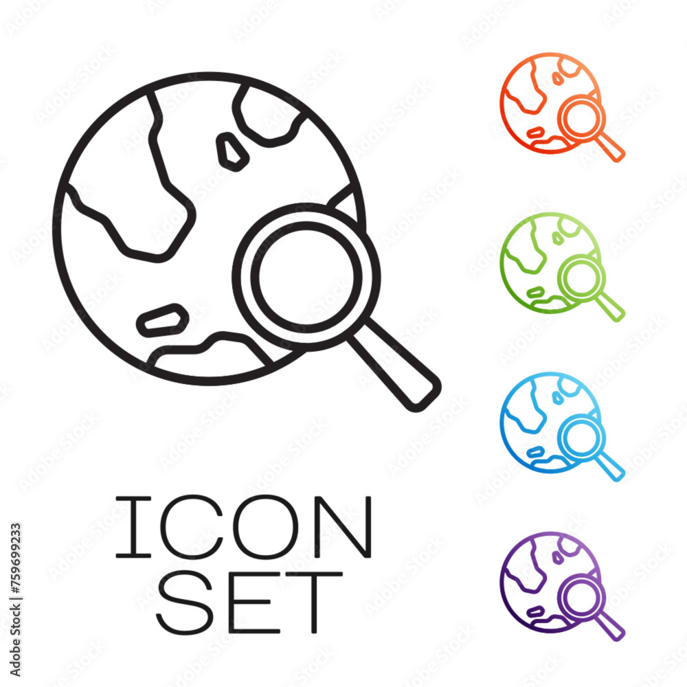Poster black line magnifying glass with globe icon isolated on white background. analyzing the world. globa