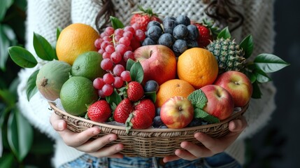 A person holding a basket of fresh fruits - 759699251