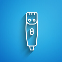White line Electrical hair clipper or shaver icon isolated on blue background. Barbershop symbol. Long shadow. Vector
