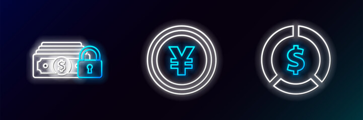 Obraz premium Set line Coin money with dollar symbol, Money lock and Yen icon. Glowing neon. Vector
