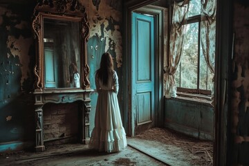 A spooky woman in an old house looking into a mirror.