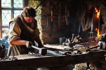 A smith at work at his anvil.
