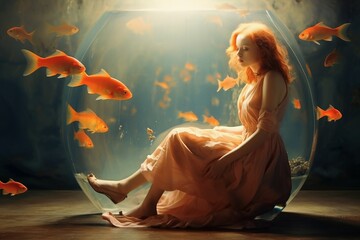 Fototapeta premium A woman sitting in a goldfish glass watching the fish.