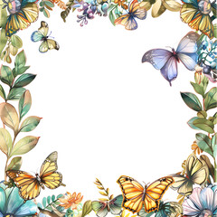 A frame of butterflies and leaves with a white background.