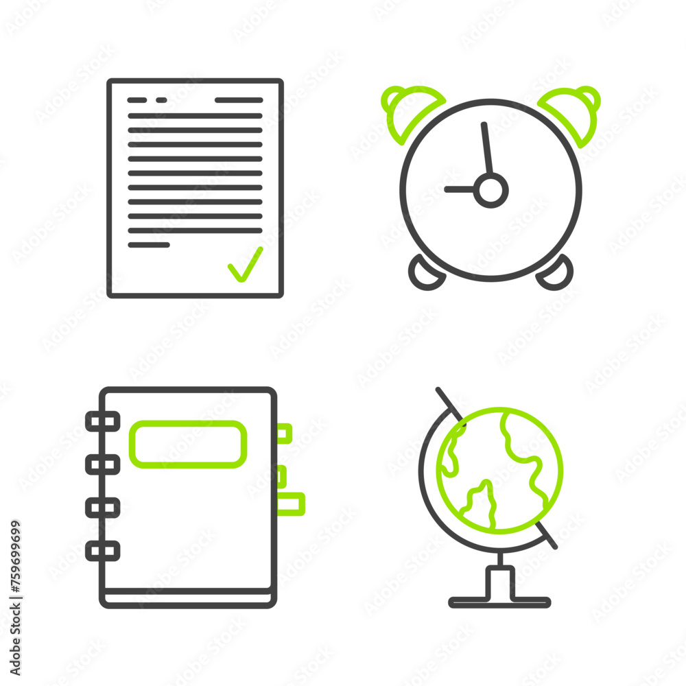 Aufkleber set line earth globe, notebook, alarm clock and exam sheet with check mark icon. vector