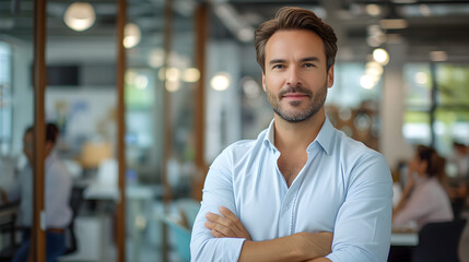 Fototapeta premium Handsome business CEO executive business man with crossed arms standing in office with colleagues in the background