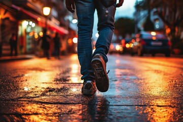Male legs in jeands walking along a street.