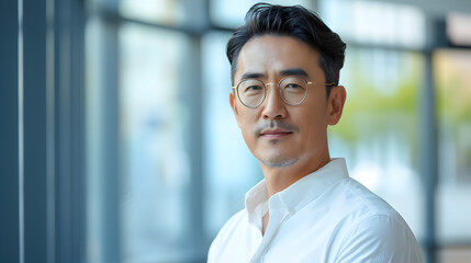 Handsome 45 years old gentle Korean man, wearing glasses, formal slick hairstyle, smooth beardless face in a modern office building, wearing white shirt, beside a huge window