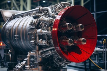 An intimate look at the complex design of a rocket nozzle amidst the hustle and bustle of an aerospace factory