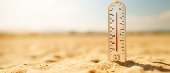Close up temperature thermometer with high temperature plug on sand on sunny day, Heat stroke. - obrazy, fototapety, plakaty