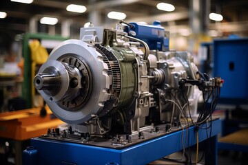 Obraz premium Detailed perspective of a motor drive amidst the mechanical marvels on an active factory floor
