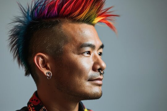 Portrait of a man with a colorful punk haircut.