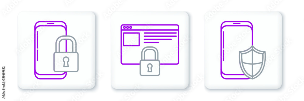 Poster set line smartphone with security shield, closed padlock and secure your site https, ssl icon. vecto