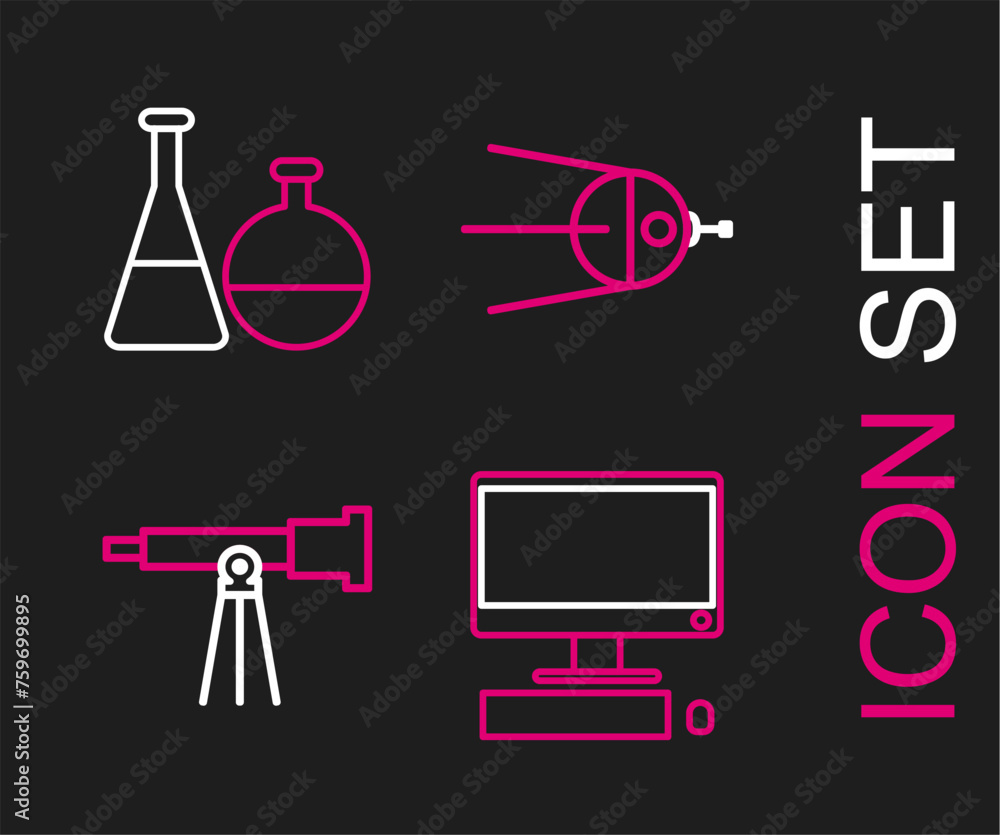 Poster set line computer monitor with keyboard and mouse, telescope, satellite and test tube flask chemical