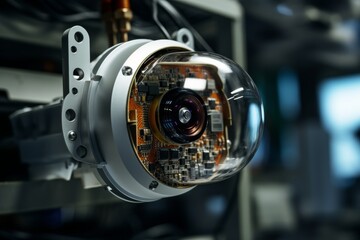 Fototapeta premium Detailed view of a motion detector lens set against the backdrop of complex industrial circuitry