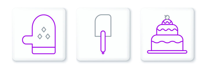 Set line Cake, Oven glove and Spatula icon. Vector