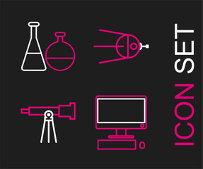 Set line Computer monitor with keyboard and mouse, Telescope, Satellite and Test tube flask chemical laboratory icon. Vector