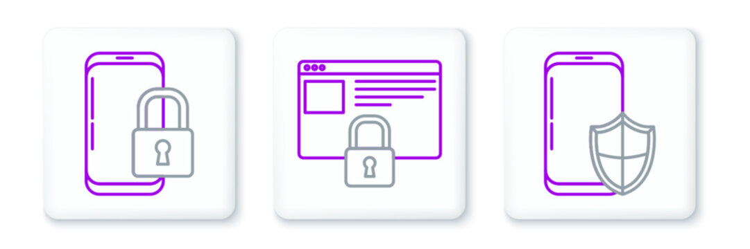 Set line Smartphone with security shield, closed padlock and Secure your site HTTPS, SSL icon. Vector