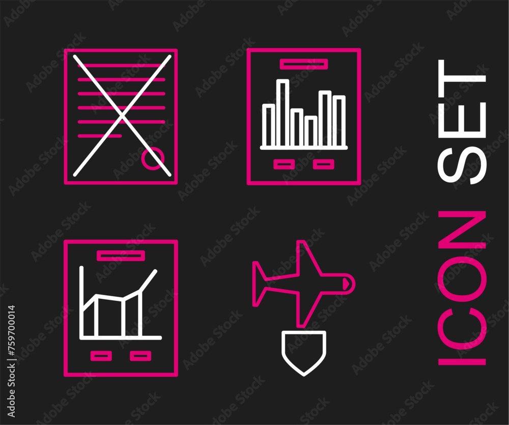 Poster set line plane with shield, document graph chart, and delete file document icon. vector