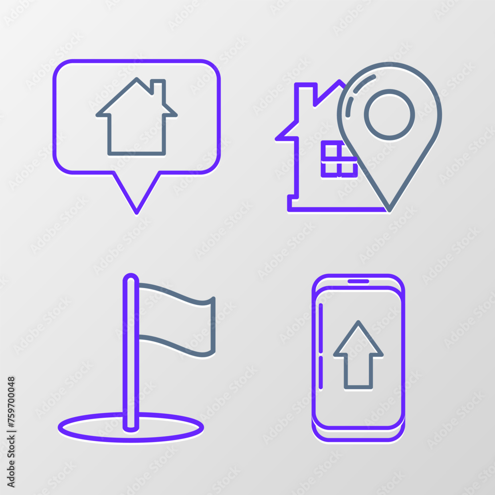 Poster set line infographic of city map navigation, flag, map pointer with house and icon. vector