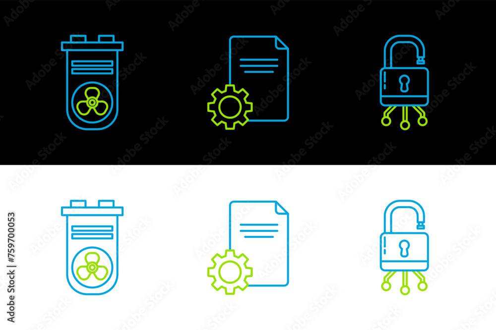 Poster set line lock on digital circuit board, video graphic card and file document icon. vector