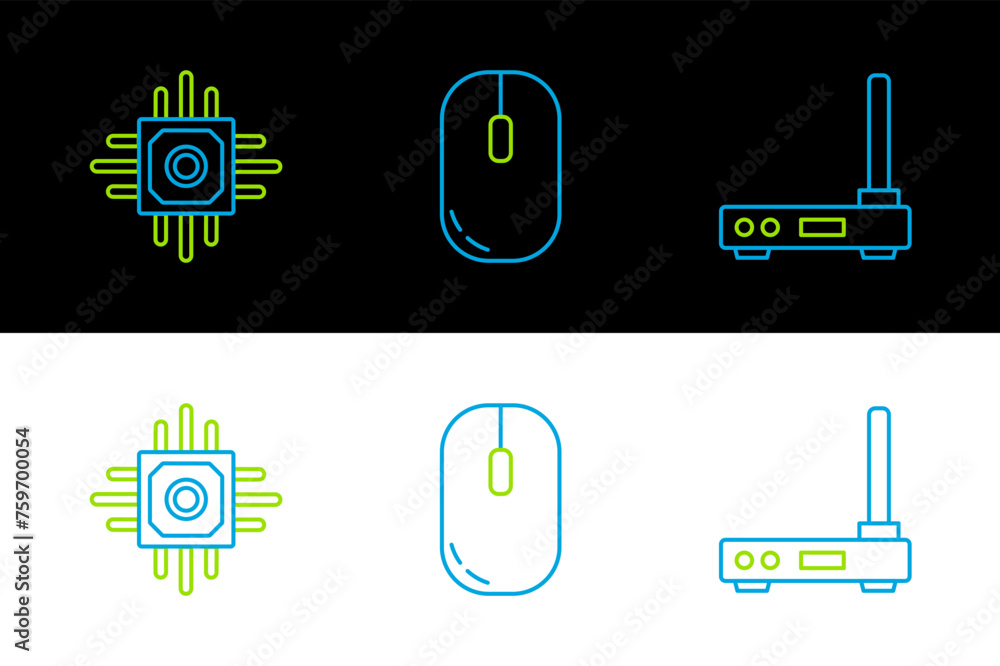 Aufkleber set line router and wi-fi signal, processor and computer mouse icon. vector