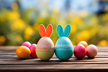 Fototapeta na wymiar pastel easter eggs with bunny ears and daisy flower for happy easter day
