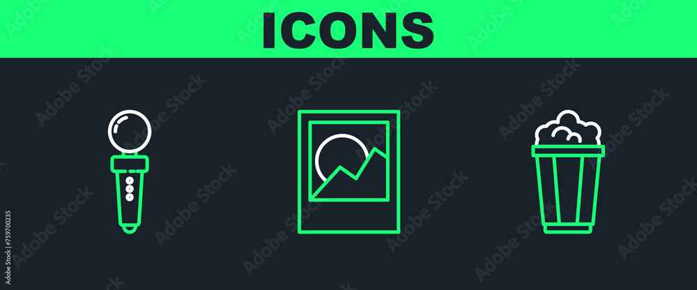 Poster set line popcorn in cardboard box, joystick for arcade machine and photo frames icon. vector