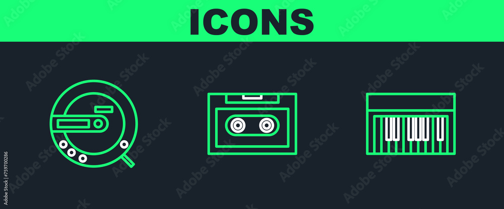 Poster set line music synthesizer, cd player and retro audio cassette tape icon. vector