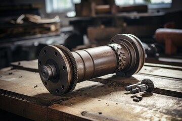 Detailed view of a cylindrical roller on an aged wooden table in an old-style machine shop