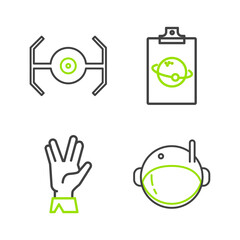 Set line Astronaut helmet, Vulcan salute, Planet and Cosmic ship icon. Vector
