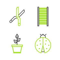 Set line Ladybug, Plant in pot, Wooden staircase and Gardening handmade scissors icon. Vector