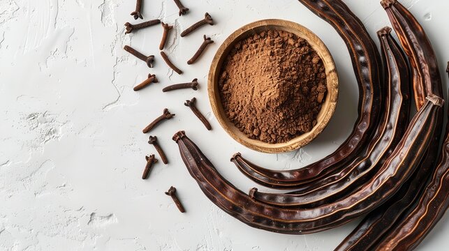 Locust bean nutritious meal, carob molasses in a glass bowl and carob flour or powder with carob pods on a white background and space for text, Generative AI.