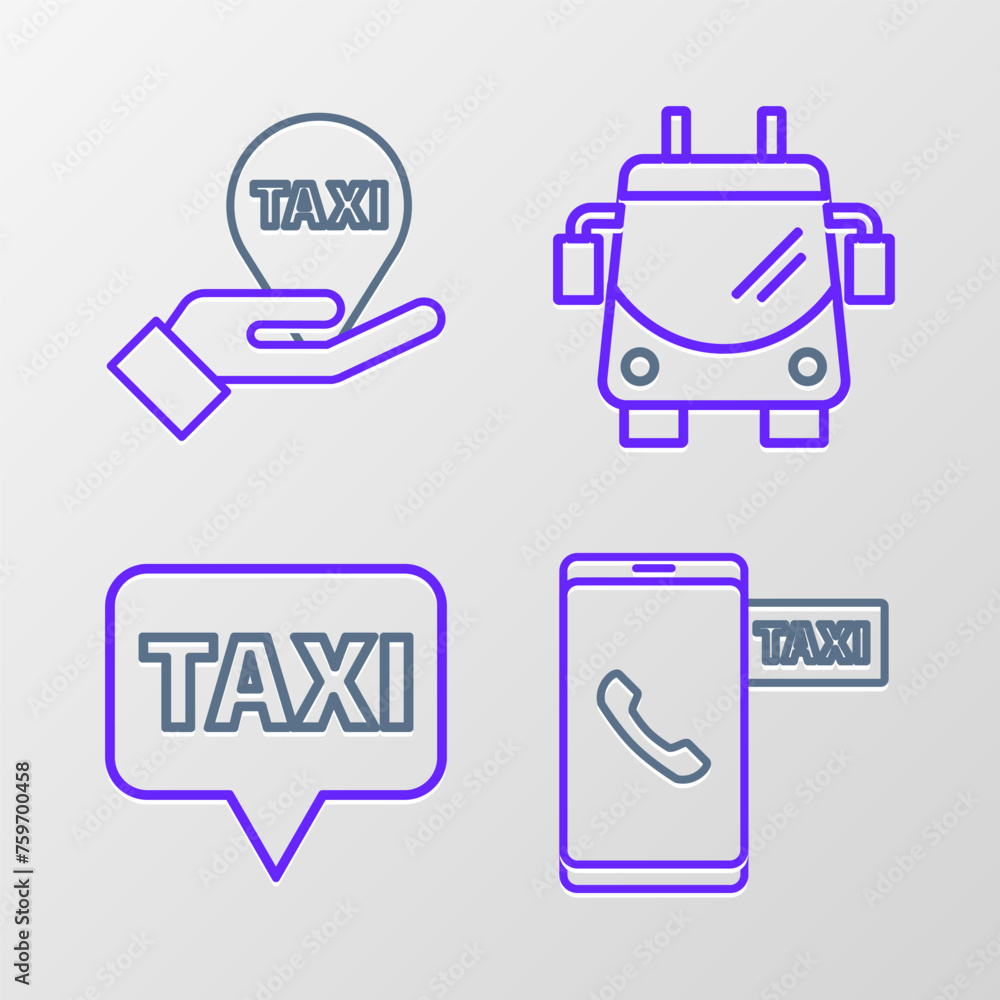 Poster set line taxi call telephone service, map pointer with taxi, trolleybus and hand map icon. vector