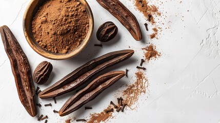 Locust bean nutritious meal, carob molasses in a glass bowl and carob flour or powder with carob pods on a white background and space for text, Generative AI. - obrazy, fototapety, plakaty