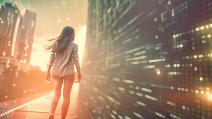 City Silhouette: Woman dancing in vibrant light, embodying beauty, love, and urban energy