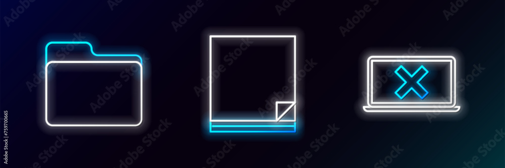 Poster set line laptop and cross mark on screen, document folder and file document icon. glowing neon. vect