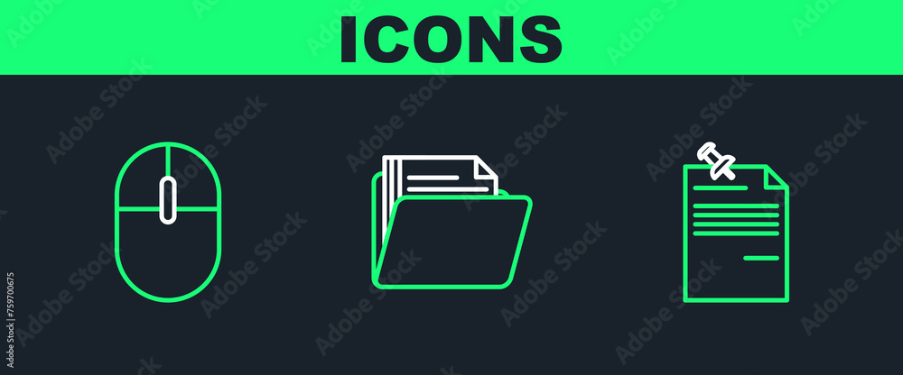Poster set line note paper with pinned pushbutton, computer mouse and document folder icon. vector