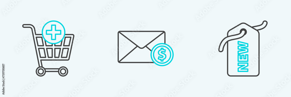 Poster set line price tag with new, add to shopping cart and envelope coin dollar icon. vector