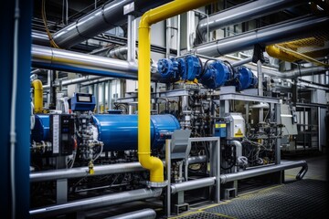 An intricate web of pipes and machinery surrounding an operational filter press in a busy industrial setting