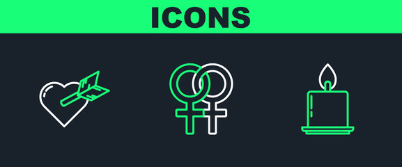 Set line Burning candle, Amour with heart arrow and Female gender symbol icon. Vector