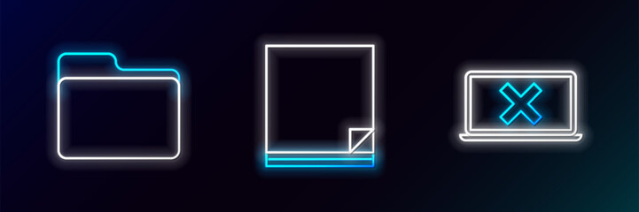 Obraz premium Set line Laptop and cross mark on screen, Document folder and File document icon. Glowing neon. Vector