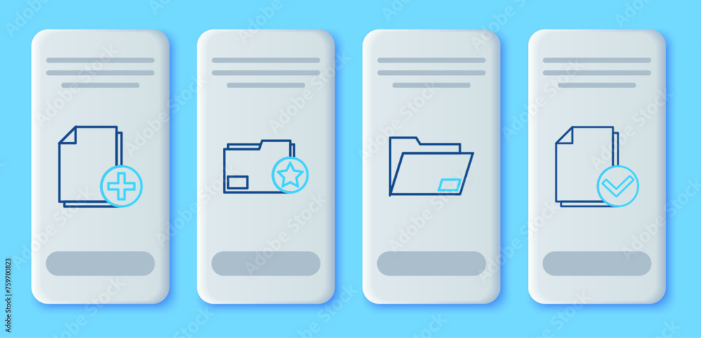 Poster set line document folder with star, add new file and and check mark icon. vector