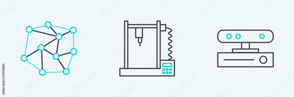 Poster set line motion sensor, neural network and 3d printer icon. vector