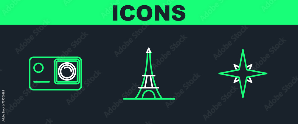 Poster Set line Wind rose, Action extreme camera and Eiffel tower icon. Vector