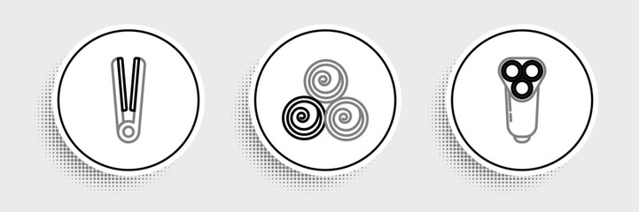 Set line Electric razor blade for men, Curling iron hair and Towel rolls icon. Vector