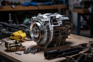 Detailed shot of a brand-new alternator on a mechanic's bench with various tools scattered around