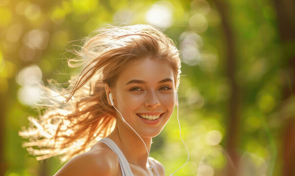 Beautiful smiling young woman running in park, wearing earphones and white tank top with hair blowing in the wind, sunny day