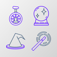 Fototapeta premium Set line Magic wand, Witch hat, ball and Unicycle or one wheel bicycle icon. Vector